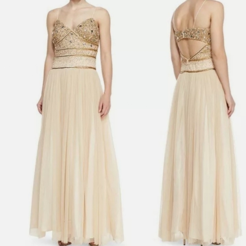 Aidan Maddox Embellished Bodice Gown Antique Gold
